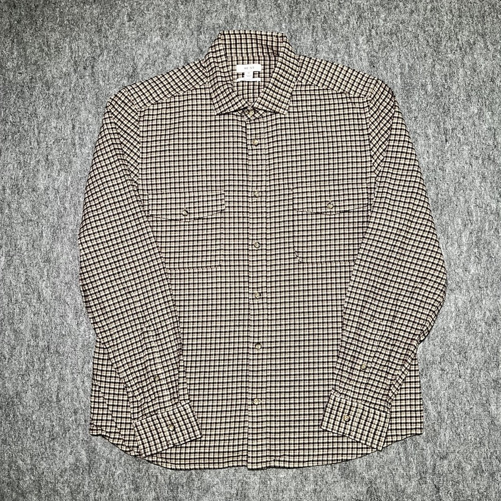 Reiss Regular Fit Plaid Checked Button Down Shirt Brown XL Cotton Blend